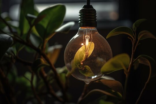 Plant blooming in light bulb, eco-friendly green tech image for innovative green businesses. Generative AI