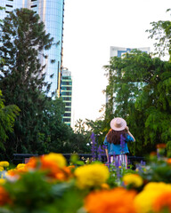 pretty woman in long dress, jean jacket and hat enjoying the view of brisbane cbd from botanical...