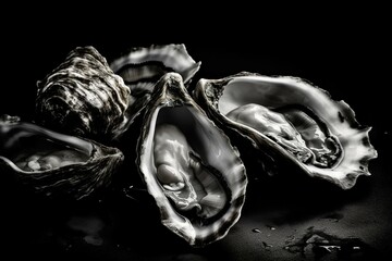 A black and white ink painting of oysters. Generative AI