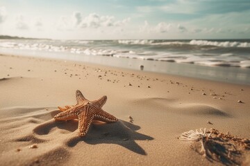 A sandy beach with a starfish, shells, and ocean in background. Generative AI