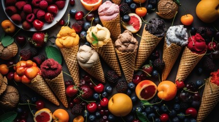 Assortment of ice cream шт waffle cone with different fruits. Created with Generative AI technology.
