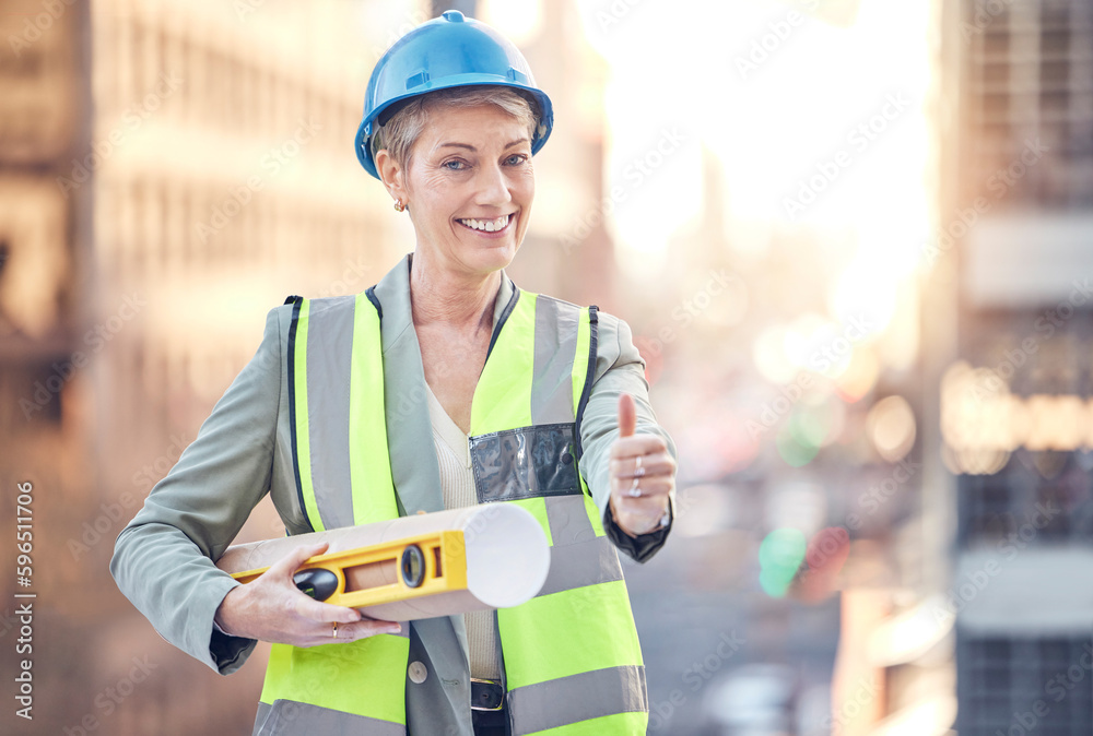 Poster Were good to go. Cropped portrait of an attractive female construction worker giving thumbs up while standing on a building site.