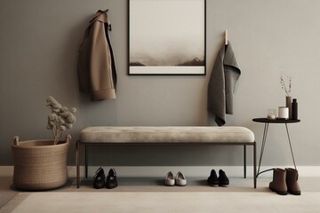 A chic entrance featuring a gray bench, coffee table, hanger, and personal items on a beige wall. Generative AI