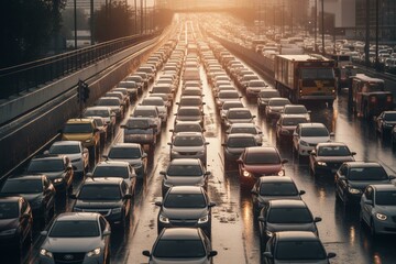 Gridlocked highway with cars, AI artwork. Generative AI