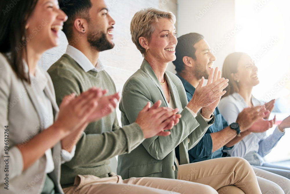 Poster that was a great presentation. shot of a diverse group of businesspeople sitting in a row together a