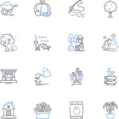 Quaint village line icons collection. Charming, Cozy, Idyllic, Picturesque, Serene, Rustic, Peaceful vector and linear illustration. Tranquil,Historical,Nostalgic outline signs set Generative AI