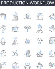Production workflow line icons collection. Manufacturing process, Design approach, Operational system, Service delivery, Marketing strategy, Development cycle, Supply chain vector and Generative AI