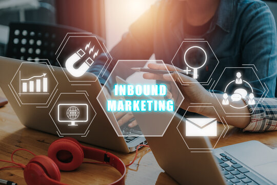 Inbound market concept, Business team working on laptop computer with inbound icon on virtual screen.