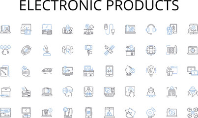 Fototapeta na wymiar Electronic products line icons collection. Telecommuting , Virtual work, Digital workspace, Cloud-based, Remote team, Online communication, E-commerce vector and linear illustration. Generative AI