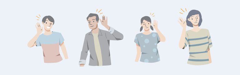 People smiles and holds hand near his ear. The guy listening or hearing and accept all opinion.Comunication concept.Vector illustration.