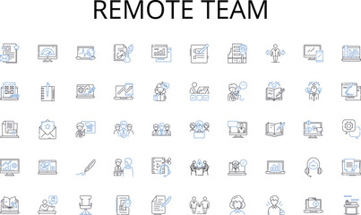 Remote team line icons collection. Waves, Sand, Shores, Seaweed, Tides, Coral, Seashells vector and linear illustration. Saltwater,Seagulls,Sunsets outline signs set Generative AI