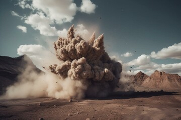 Explosive rock blasting produces dusty clouds at mining site. Generative AI - obrazy, fototapety, plakaty