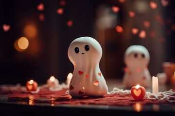 Cute ghost holding hearts Valentine's Day wallpaper for Halloween. Generative AI