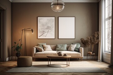 Contemporary living room with empty frame on wall and stylish decor. Generative AI