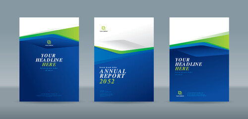 Blue white and green abstract shape on white blue gradation background. A4 size book cover template for annual report, magazine, booklet, proposal, portfolio, brochure, poster