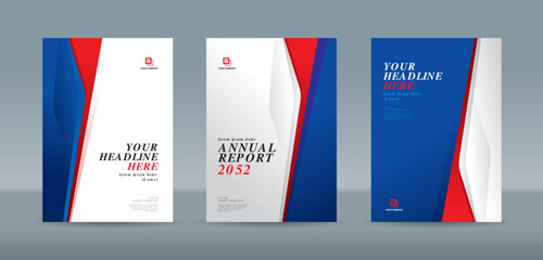 Blue white and red abstract shape on white blue gradation background. A4 size book cover template for annual report, magazine, booklet, proposal, portfolio, brochure, poster