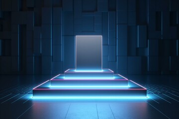 Fototapeta na wymiar Modern silver pedestal with neon podium on white backdrop. Empty exhibition stage or product shelf. 3D render. Generative AI