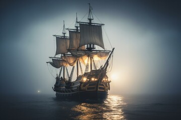 A pirate ship with illuminated sails floats in the misty sky. Generative AI