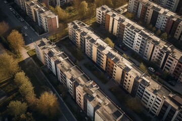 Aerial perspective of residential buildings located on a paved avenue. Generative AI