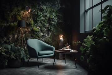 Fototapeta na wymiar Contemporary lounge with armchair, table, flora and vegetation on dark wall surface. Generative AI