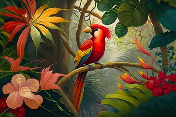 Orange and red parrot bird perched on a tree branch among tropical jungle foliage created with Generative AI