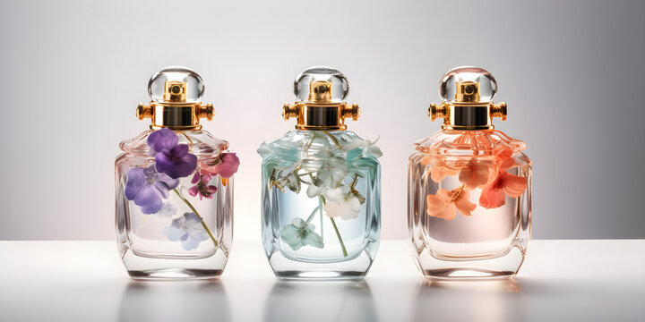 Transparent multi color glass floral perfume bottles on a light simple background. 
Generative AI. 