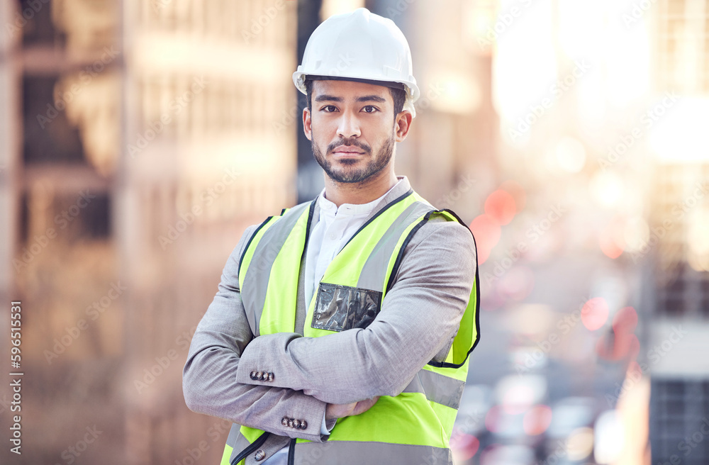 Poster ready to get started. cropped portrait of a handsome male construction worker standing with his arms