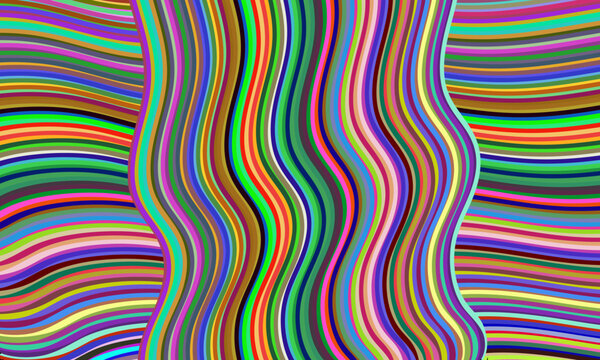 Abstract colorful pattern of wavy lines on a pink background. Composition in the form of an arbitrary multi-colored background.Vector illustration, EPS 10.Hippie and psychedelic.Copy space.Funky style