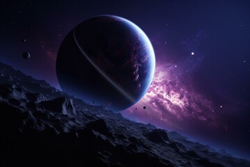 Purple exoplanet with visible atmosphere, solid surface, moon & stars in sci-fi space background. Generative AI