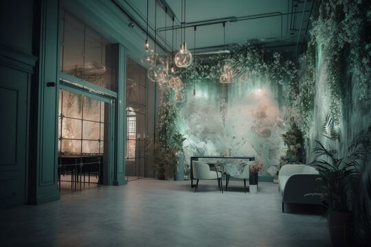 Impressive interiors with expressive art, intricate wallpaper, and shiny walls in light gray & sage green with neon technology. Generative AI