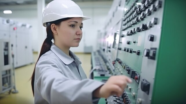 Female engineer operator using a steel tanker and a process control panel in a food factory production line.The Generative AI