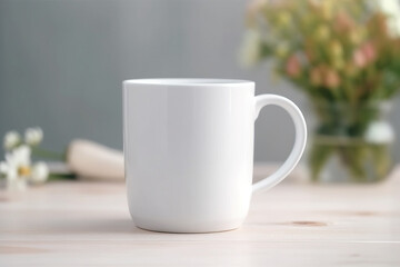 Obraz na płótnie Canvas Garden Mug, Blank White 15 oz Coffee Mug Mockup with Beautiful Flowers in Background anf Bokeh - Generative AI