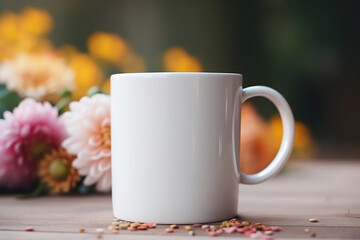 Blossoming Brew, Blank White 15 oz Coffee Mug Mockup with Beautiful Flowers in Background anf Bokeh - Generative AI