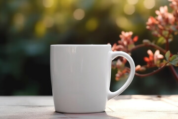 Blooming Beverages, Blank White 15 oz Coffee Mug Mockup with Beautiful Flowers in Background anf Bokeh - Generative AI