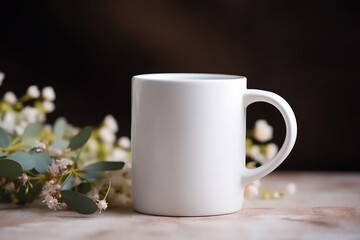 Nature's Mug, Blank White 15 oz Coffee Mug Mockup with Beautiful Flowers in Background anf Bokeh - Generative AI