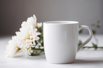 Obraz na płótnie Canvas Blooming Good Coffee, Blank White 15 oz Coffee Mug Mockup with Beautiful Flowers in Background anf Bokeh - Generative AI