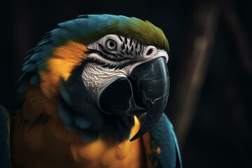 A detailed view of a macaw with blue and yellow feathers. Generative AI