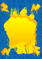 Yellow Speech Bubble Graffiti on blue Background. Urban painting style backdrop. Abstract discussion symbol in modern dirty street art decoration.