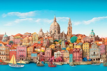Colorful paper art collage of Portugal as a travel banner panorama. Generative AI