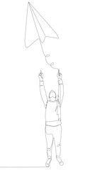 One continuous line of Man pointing with finger at Paper Airplane. Thin Line Illustration vector concept. Contour Drawing Creative ideas.