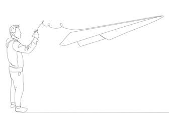 One continuous line of Man pointing with finger at Paper Airplane. Thin Line Illustration vector concept. Contour Drawing Creative ideas.