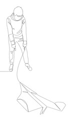One continuous line of Man pointing with finger at Paper Airplane. Thin Line Illustration vector concept. Contour Drawing Creative ideas.