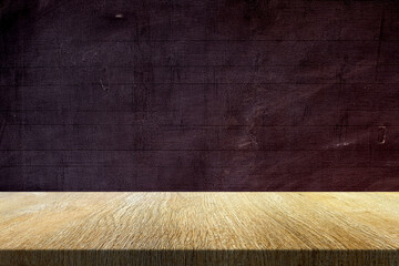 Wood Table with Old Grunge Blackboard Background, Suitable for Product Presentation Backdrop, Display, and Mock up in Education Concept.