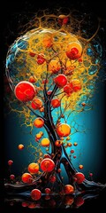 Abstract colorful tree painting with teal, red, gold spheres. Surreal globes and balloons in branches. Wallpaper background.