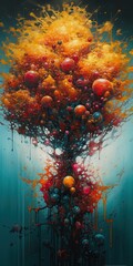 Obraz na płótnie Canvas Abstract colorful tree painting with teal, red, gold spheres. Surreal globes and balloons in branches. Wallpaper background.