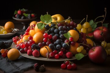 A plate full of different kinds of fruits and berries. Generative AI