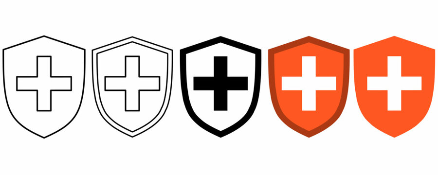 outline silhouette Medical shield with cross icon set isolated on white background
