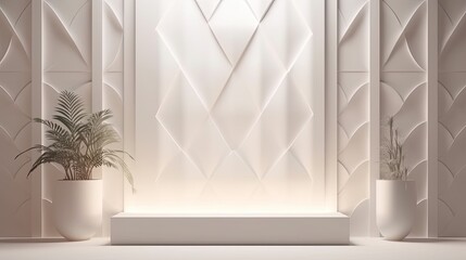 White contemporary interior. Soft lighting on geometric walls. Abstract modern mockup templates. Architecture.