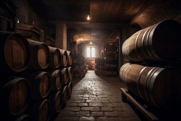 Cellar filled with wine barrels. Generative AI