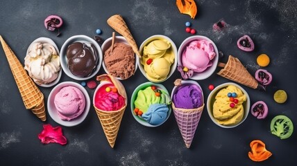 Copy space top view of a colorful pastel ice cream with waffle cones and a variety of flavorings.The Generative AI